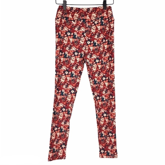 LULAROE Leggings OS One Size Floral Flowers Retro Burgundy Teal White Orange - Picture 2 of 9